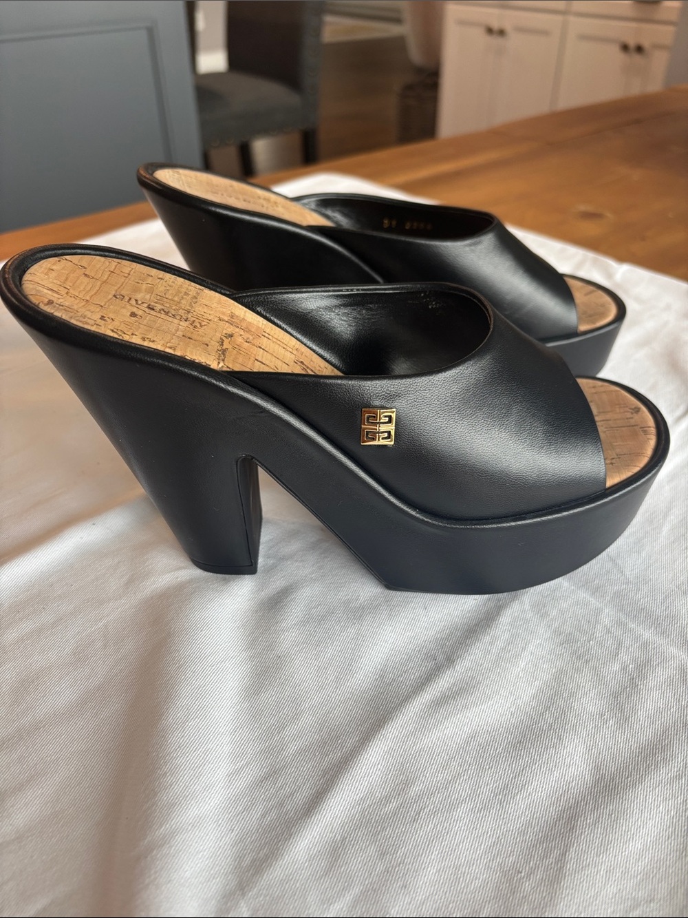 Givenchy Black Leather Platform Mule Heels with Gold Emblem - Picture 1 of 4